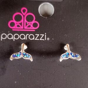 Paparazzi Mermaid Tail Stud Earrings Blue Rhinestone Silver Tone NWT